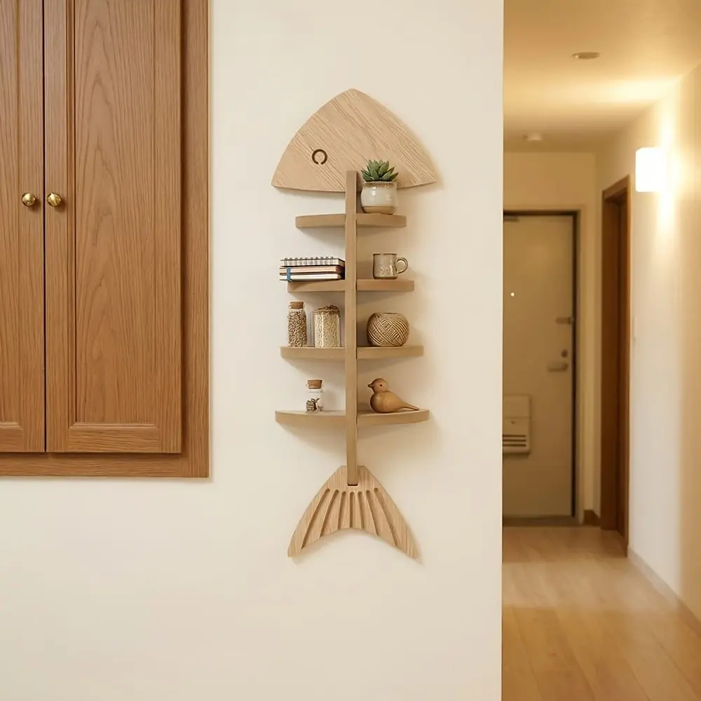 Creative Fishbone Wooden Wall Storage Rack, Multi-Layer Design, Vertical or Horizontal Installation, Ideal for Bathroom, Bedroom, Living Room, Home Decor