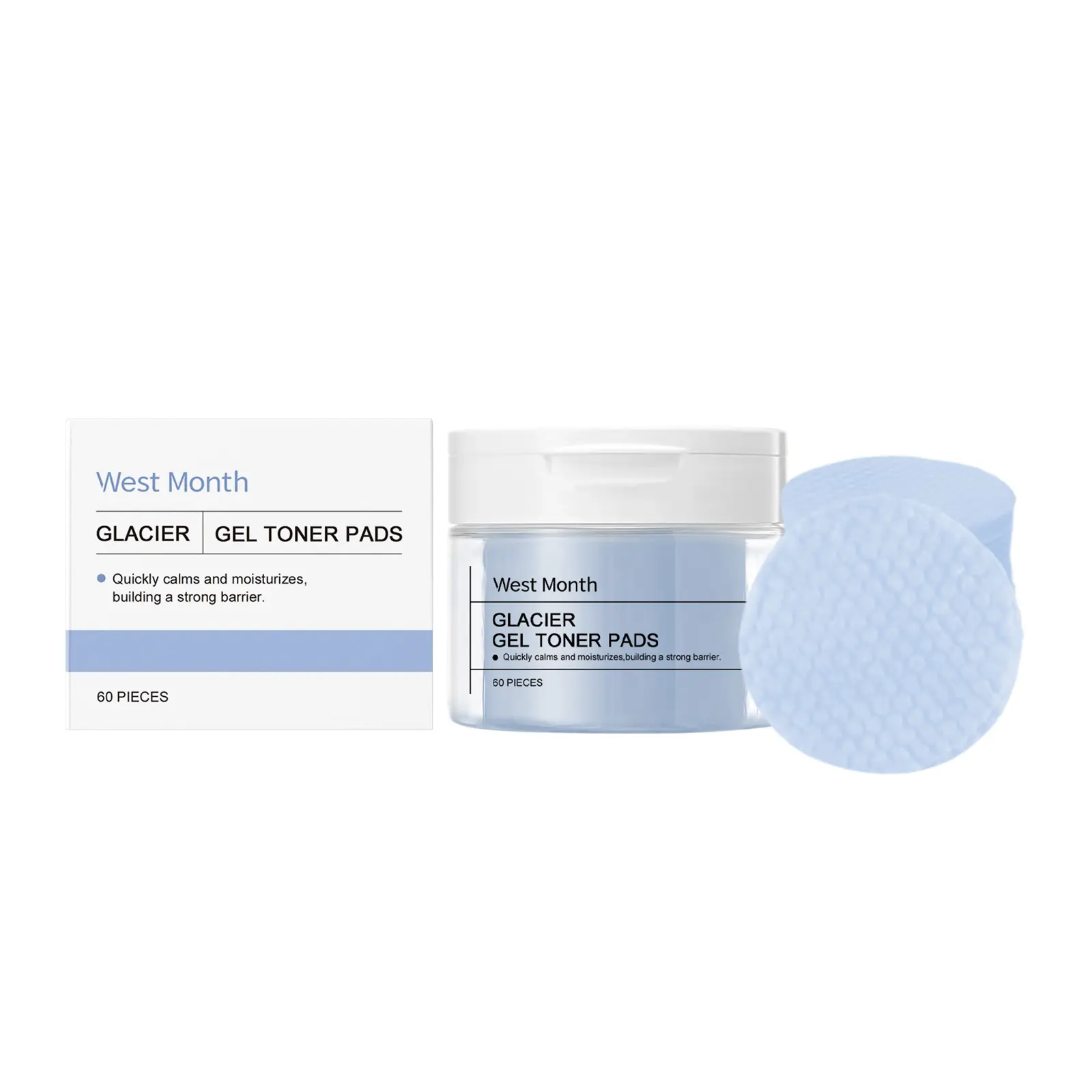 WEST MONTH Glacier Water Soothing Toner Pads, 60 Count Face Moisturizer to Hydrate & Repair Skin Barrier, Calming Korean Skincare with Hyaluronic Acid for Smoother, Youthful Sensitive Skin, Unisex, Skin Repair