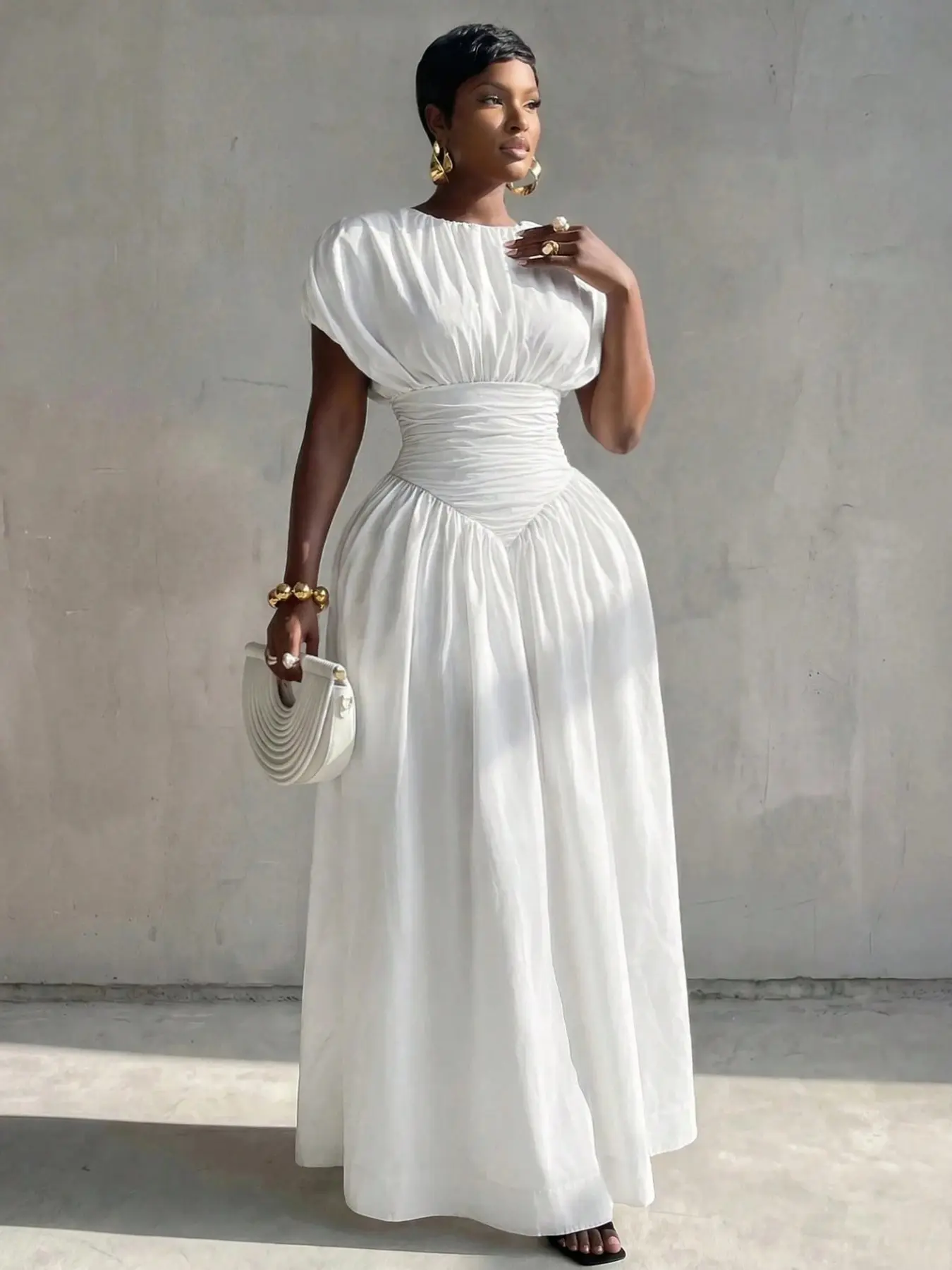 Women's Solid Color Round Neck Pleated Batwing Sleeve Elegant Dress, Wedding Dinner Formal Summer Dress, Stylish and Comfortable