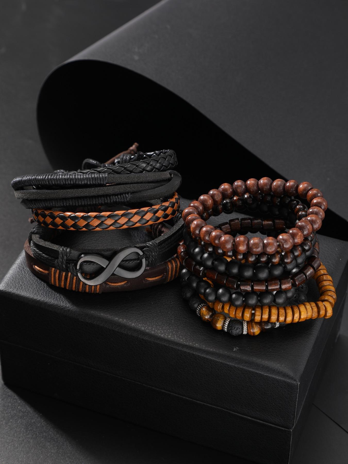 Men's Fashion Beaded & Braided Link Bracelet (12pcs), Fashion Jewelry for Party, Everyday Accessories, Trendy All-match & Exquisite Jewelry for Birthday Gift