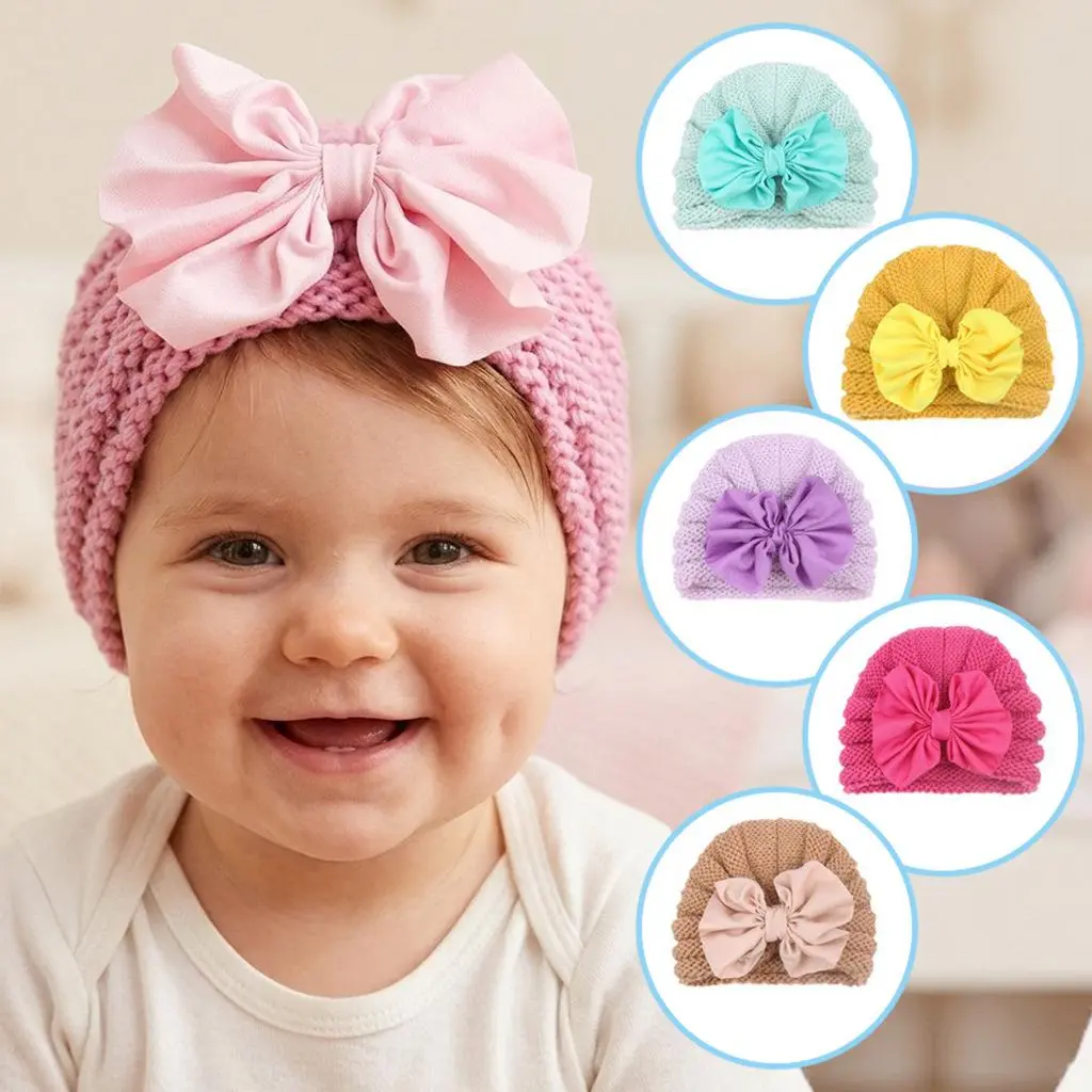 Soft Chunky Knit Turban Hat with Big Bow for Girls, Warm Elastic Baby Head Wrap for Newborn & Infant Winter Photo Props, Girl, Headband, Newborn Baby Stuff For Girl