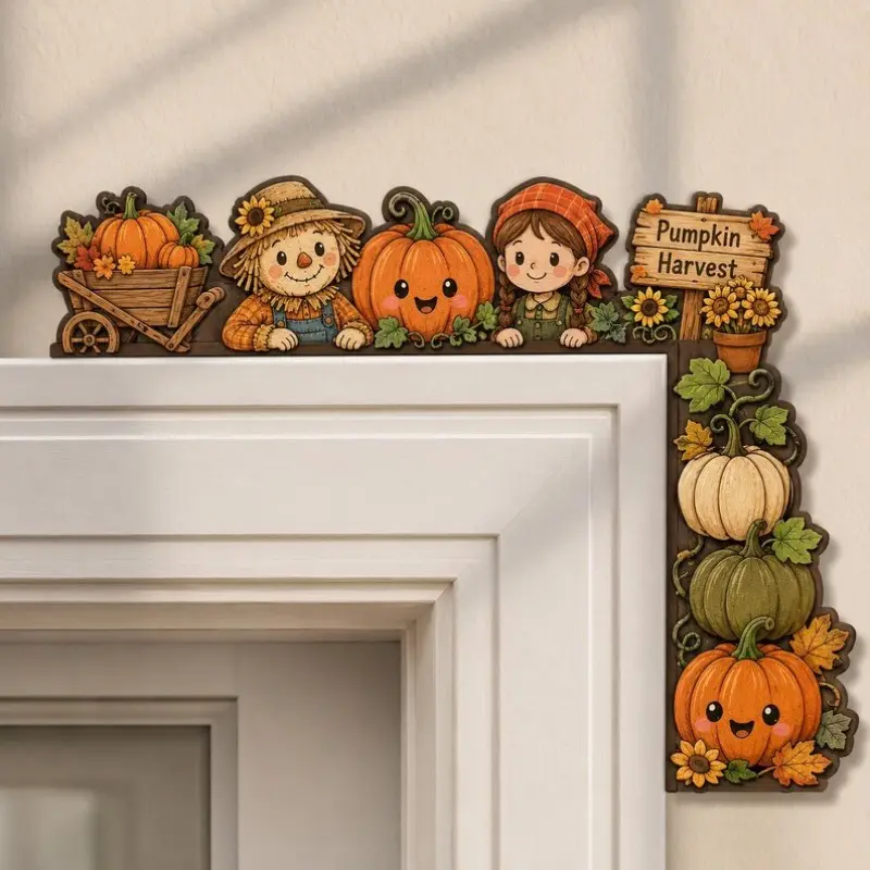 Farmhouse Autumn Harvest Door Frame Corner Wood Decor, Cute Cartoon Hay Girl, Pumpkin, Sunflower, Cart Shape, Vintage Thanksgiving Decoration