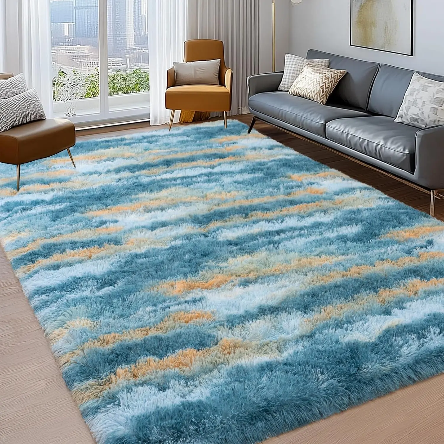 4x6 Colorful Playful Pattern Furry Texture Cushioned Area Rug, Blue-Yellow Soft Non-Slip Carpet for Bedroom-Living Room (Cozy Vibe for Girls' Dorm Rooms), Colorful Playful Pattern Area Rugs, Cushioned Area Rugs