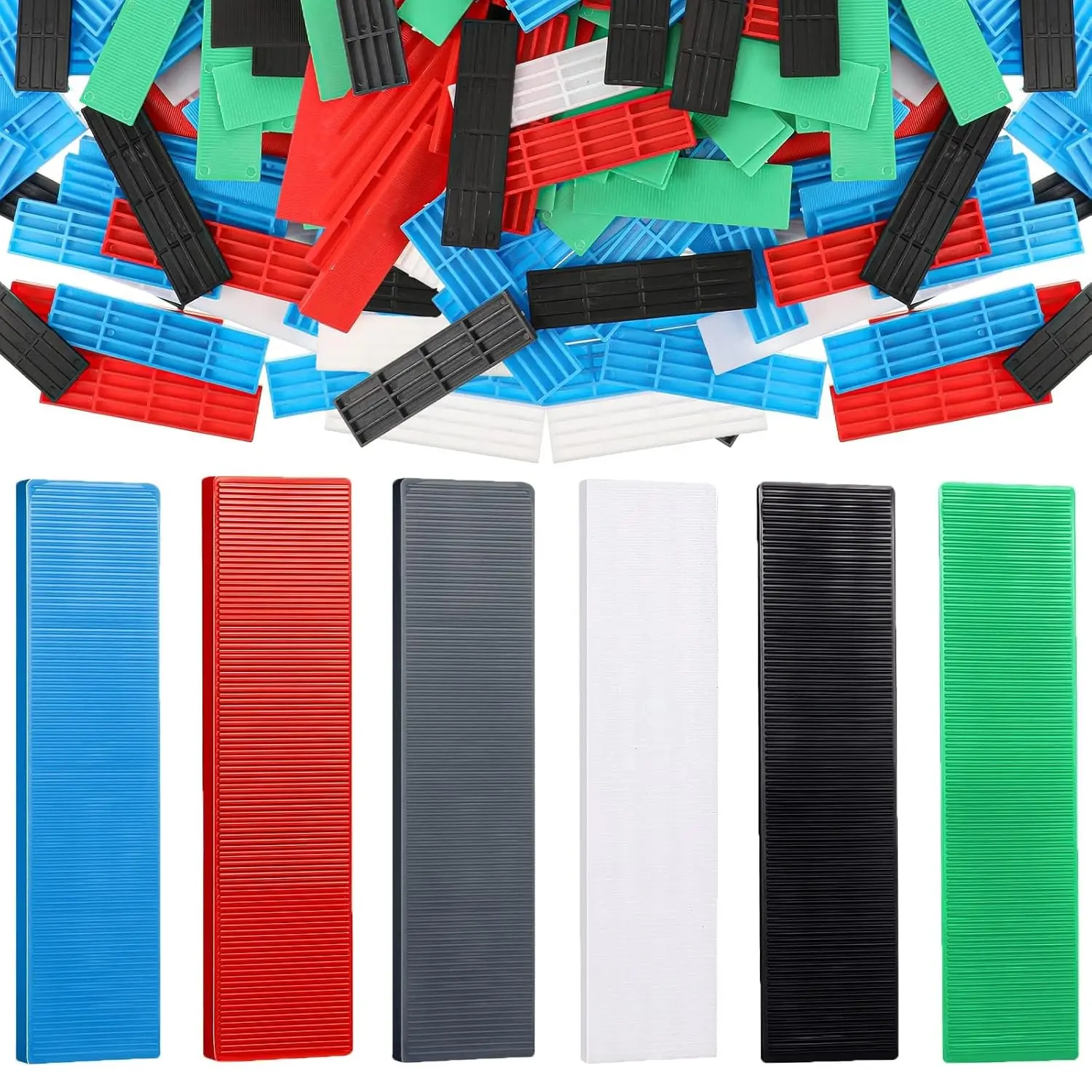 300 Pcs Composite Plastic Flat Shims for Leveling Structural Tile Plastic Flat Spacers Black Green White Grey Blue Red 3/64 5/64 1/8 5/32 13/64 15/64 Inch