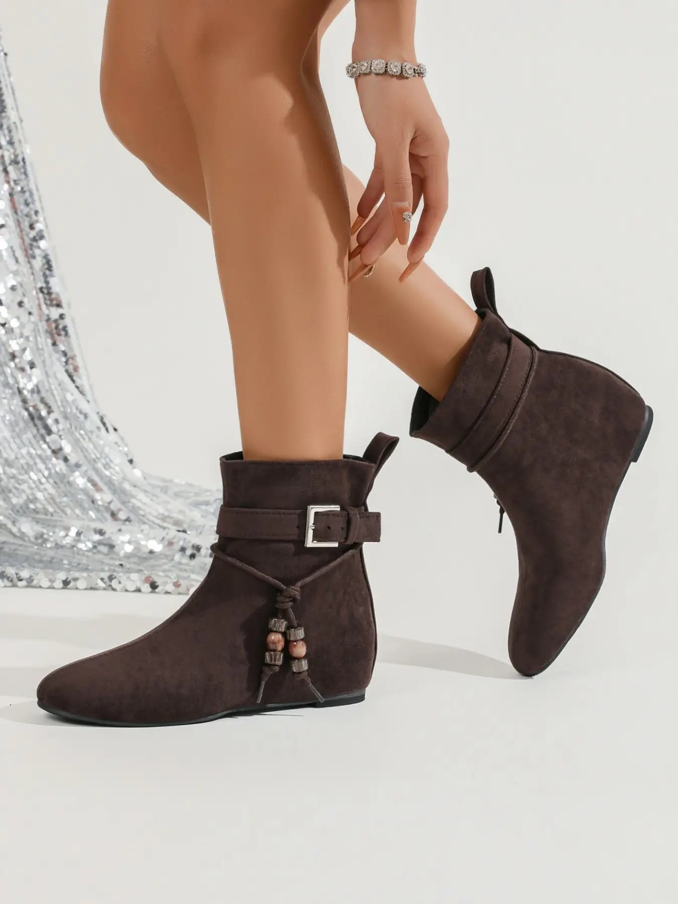 Vintage Beaded Heeled Short Boots, Petite Leg-Lengthening Booties, Marled Style, Boho Fringe, Invisible Wedge, All-Season Fashion