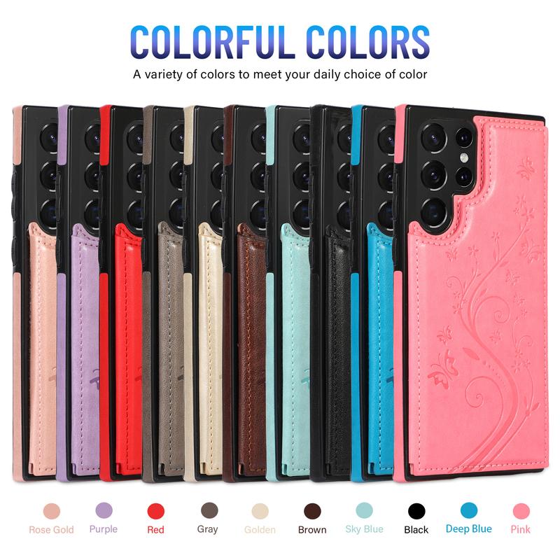 HISTORYOO For Samsung S25 Ultra S24 Plus S23 FE S22 Case Soft PU Leather Retro Embossed Butterfly Flower Shockproof Wallet Double Magnetic Clasp Protective Flip Fold Stand with 3 Card Slots Pocket Women Soft Folio Cover For Mom