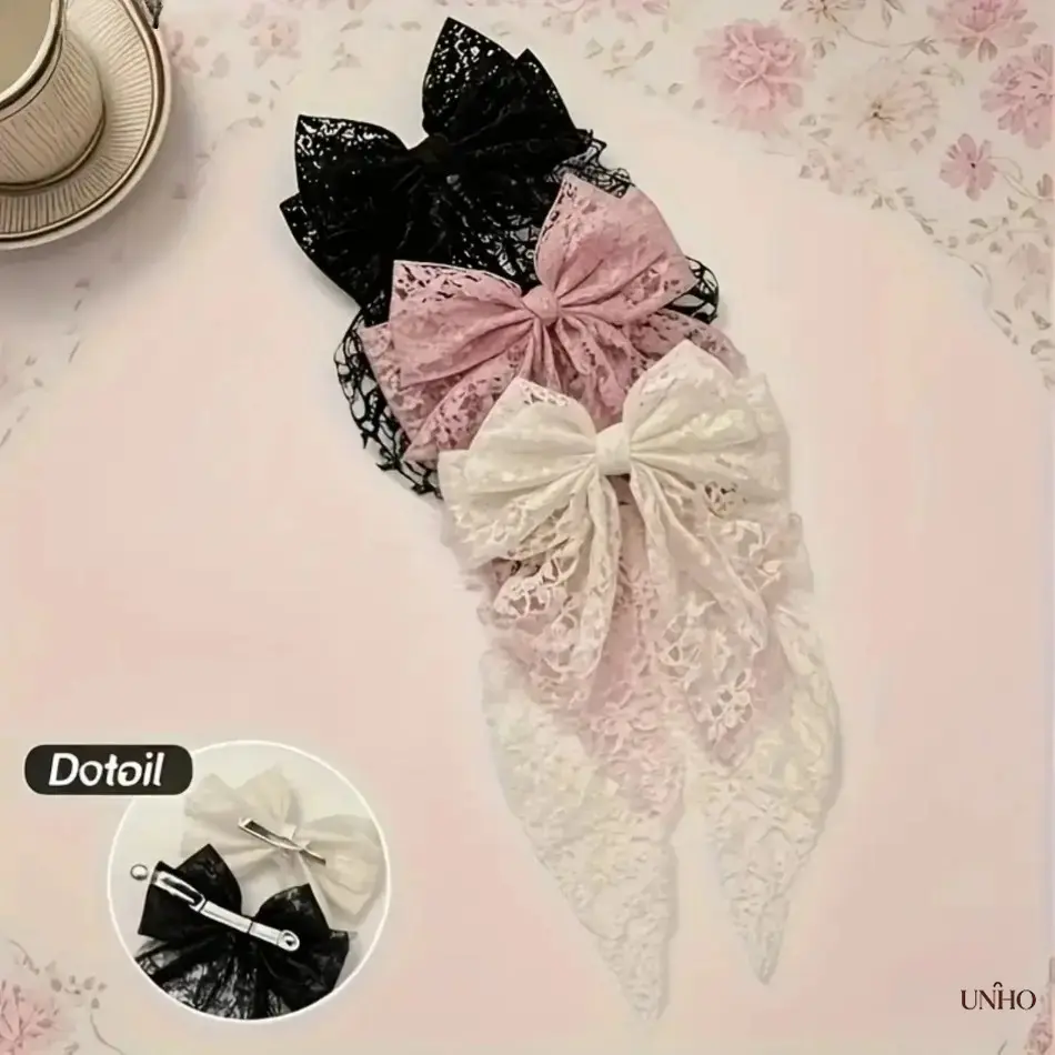 3 Pack Lace Bow Hair Clips For Women, Elegant Black & Pink Ribbon Hair Barrettes, Lightweight Durable Hair Accessories For Daily Wear, Parties, Weddings And Valentine’s Day Gift
