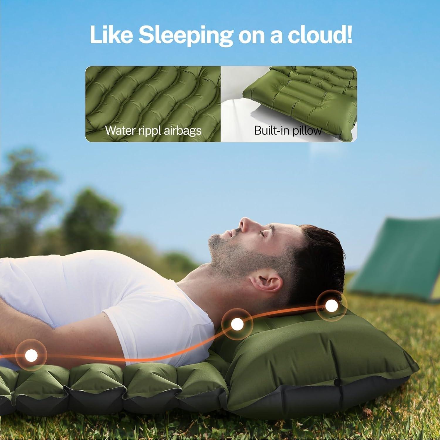 Camping Sleeping Pad with Pillow, Inflatable Sleeping Mat with Built-in Foot Pump, Portable Lightweight Sleeping Bed for Backpacking, Hiking, Traveling, Self Inflating Bed