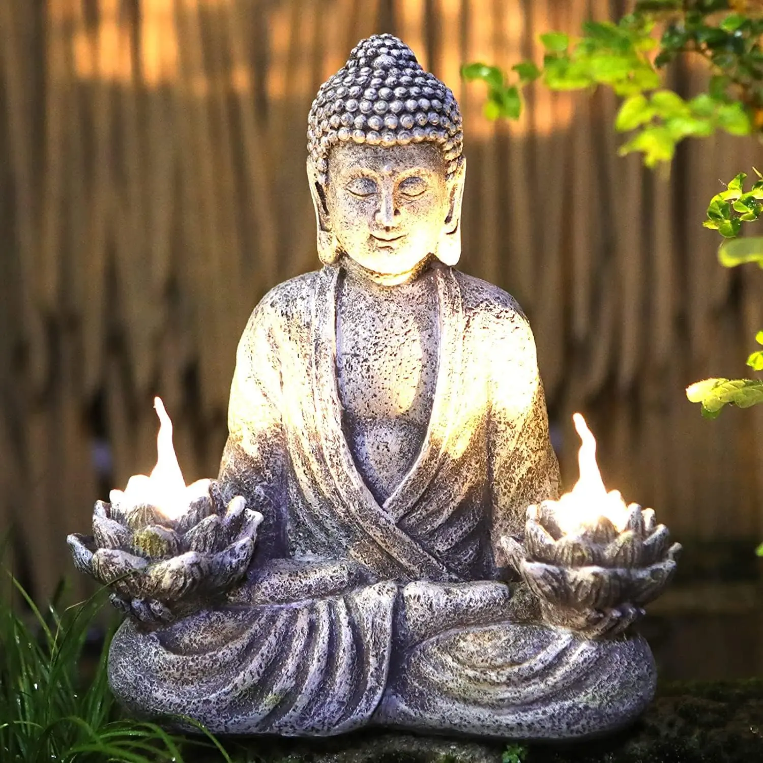 Buddha Statue Zen Sculpture 11.4in Yoga Garden Decor with LED Solar Lotus Lights, Sitting Meditating Buddha Serene  Figurine for Patio Yard Lawn Ornaments,Inside or Outside
