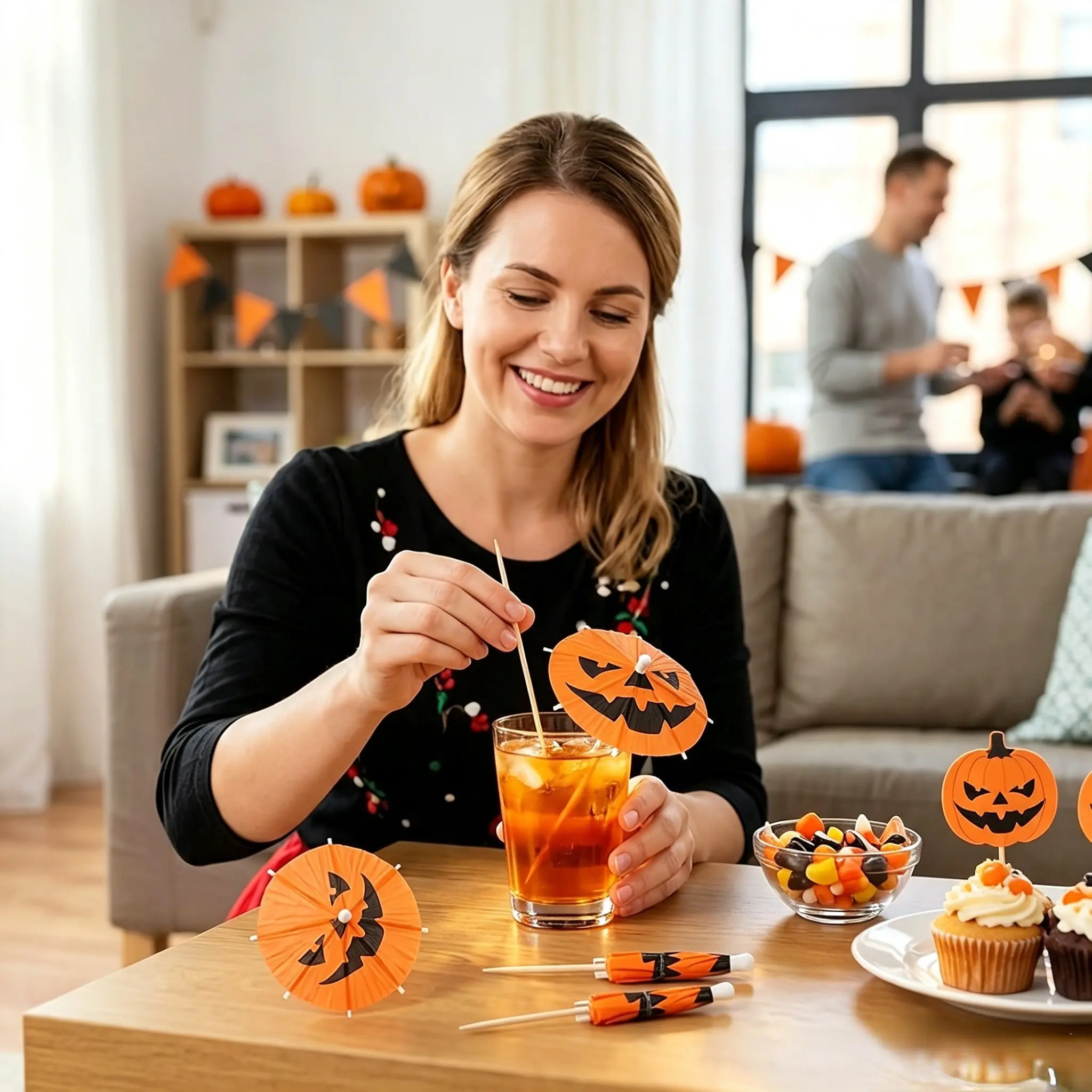 25 Piece Halloween Party Decor Set, Cocktail Umbrellas, Pumpkin Flags, Colorful Picks, Sweet Treats, Party Supplies