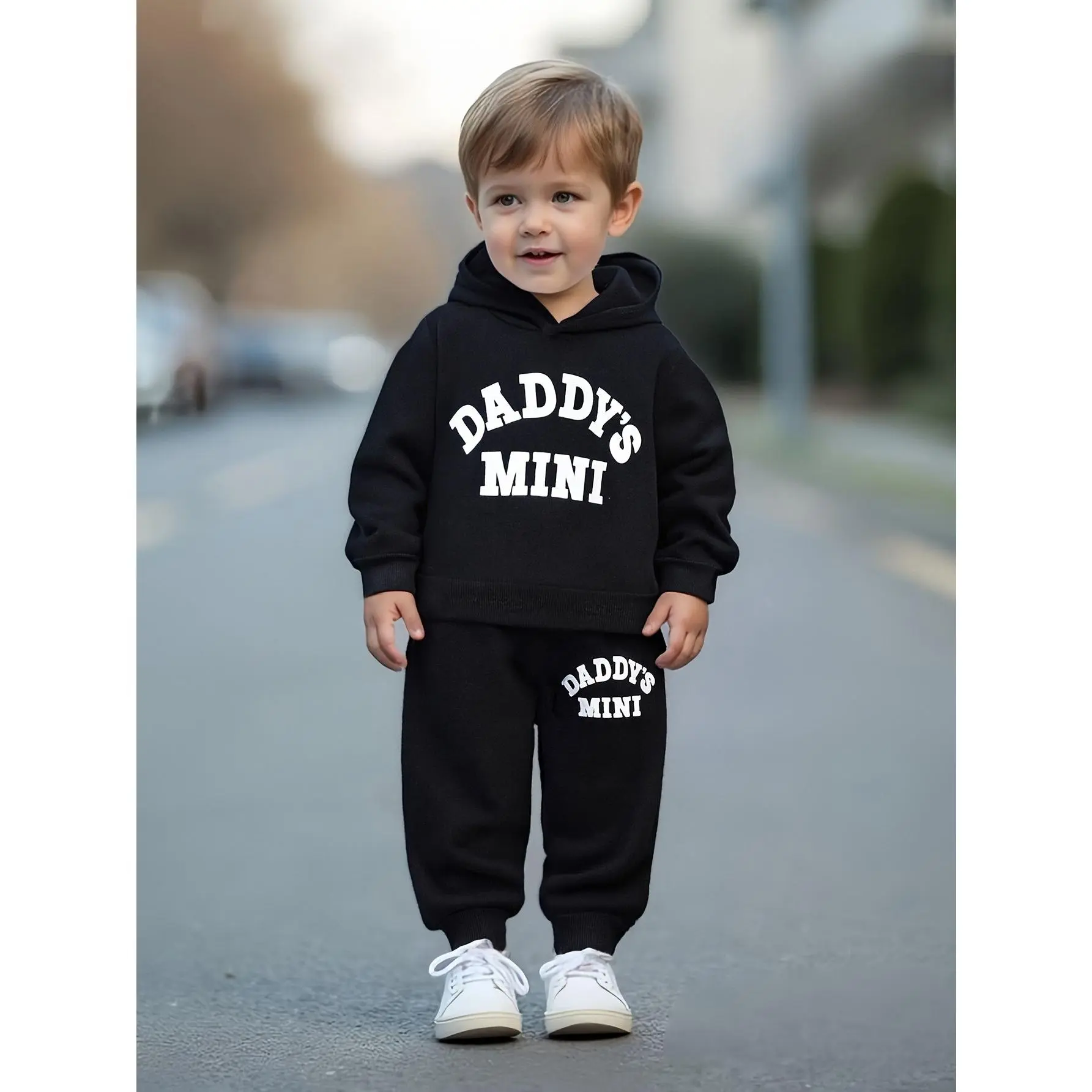 2pcs Boys' Casual Fashion Outfit, DADDY's MINI Print Long-Sleeve Hooded Sweatshirt + Autumn/Winter Outdoor Pants, Perfect for Outdoor