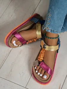 Color-block ankle strap wedge sandals with layered platform sole, comfy for casual daily wear, Casual Summer Sandals
