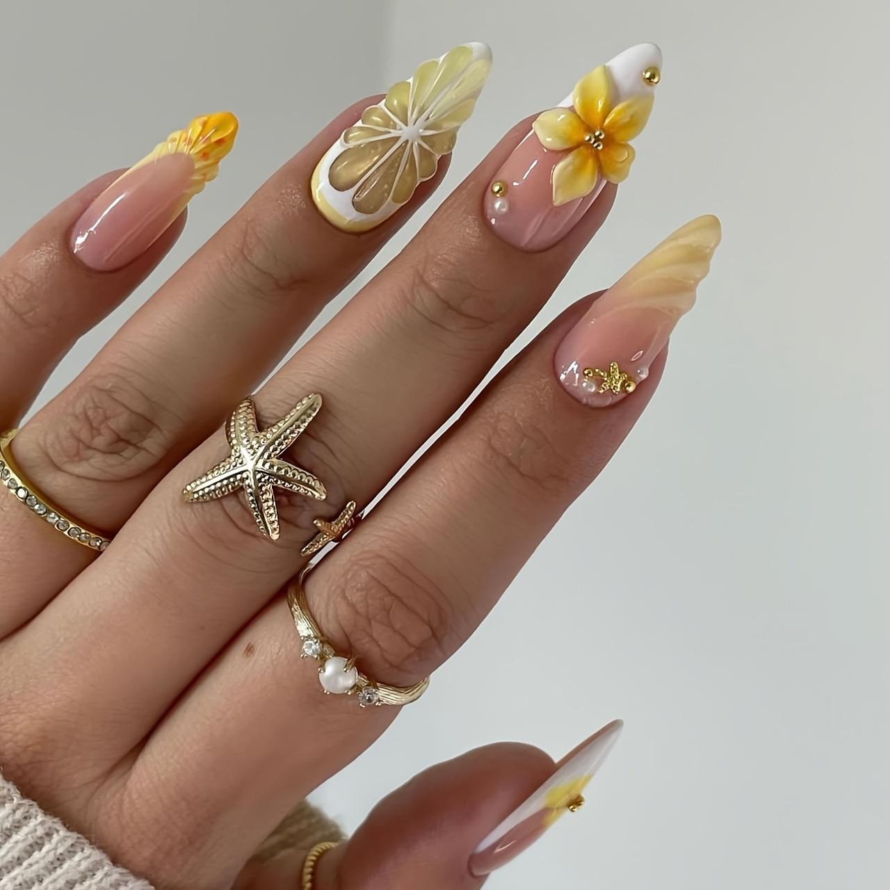 24-Piece 3D Press-On Nails • 3D Floral, Teardrop, Lily, and Shell Designs • Includes Nail Art Tools • Reusable and Removable • Suitable for Proms, Parties, and Any Occasion • Ideal Choice for Women's Nail Art