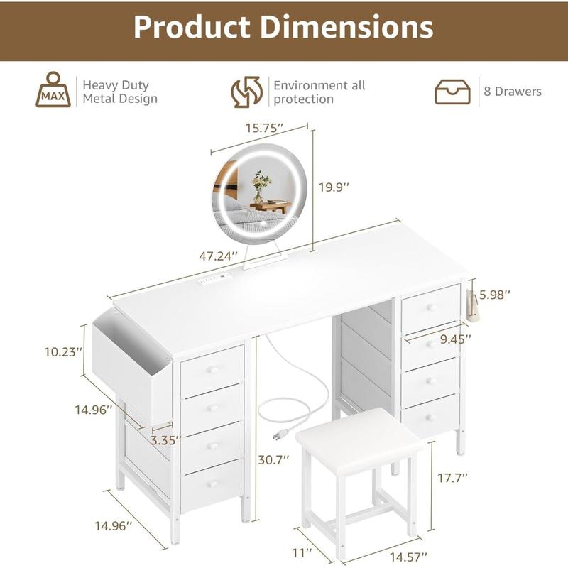 White Vanity Desk with Mirror and Light- Makeup Vanity Set Table with Chair, Storage, Lighted Mirror, 8 Large Fabric Drawers & Power Outlet, Dressing Table Vanities for Bedroom, Get Free Gift