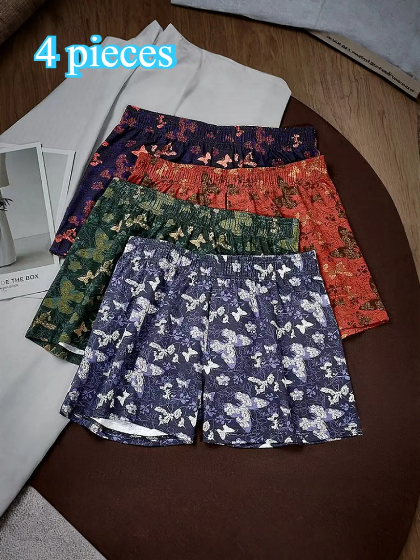 Men's 4-Pack Printed Armani Pants, Vintage Butterfly Floral Style, High Elastic Waist, Loose Fit, Breathable, Comfortable Sleepwear Shorts