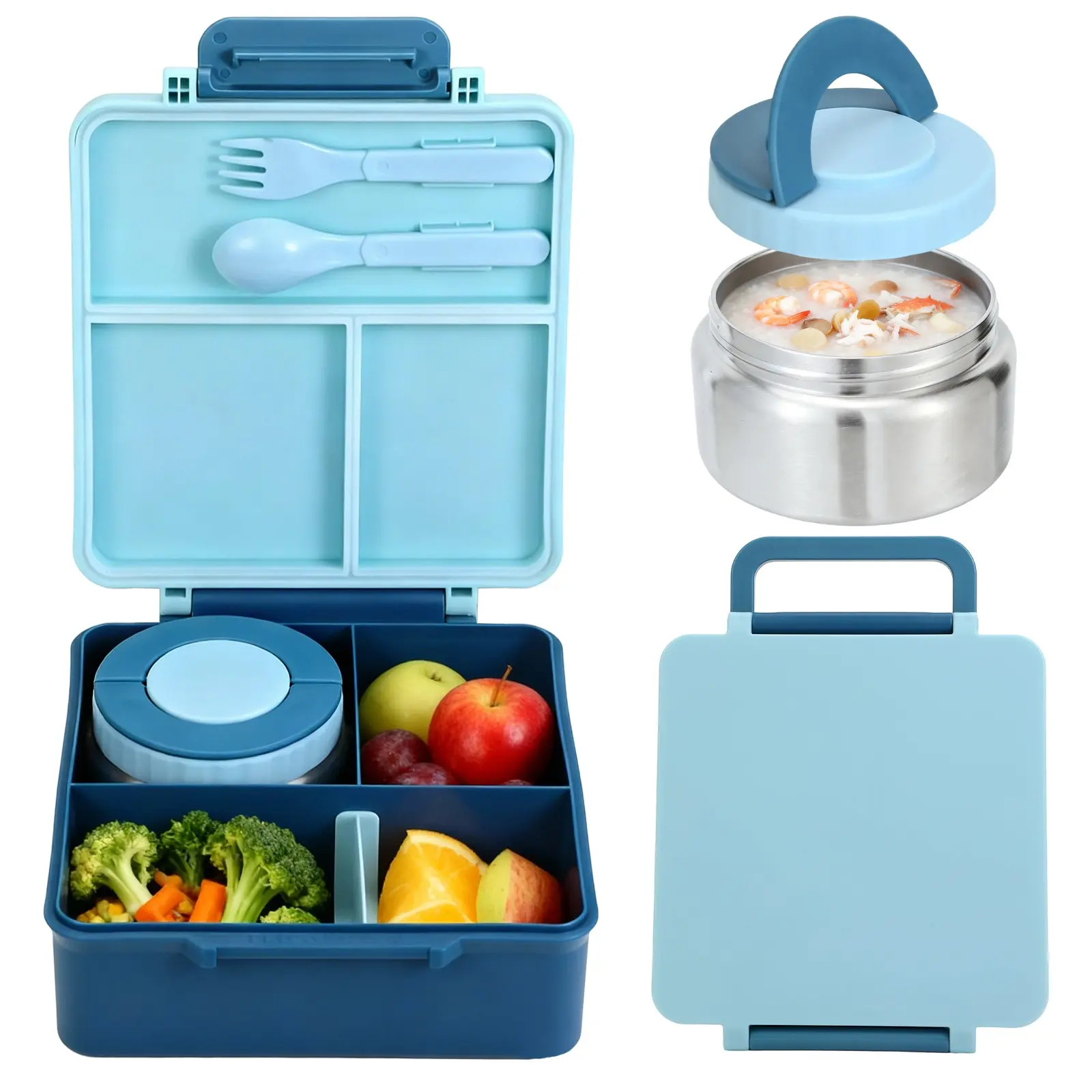 Leakproof Bento Lunch Box with Handle, 4 Compartment Food Container, 8oz Insulated Soup Thermos, Ideal for Work or Travel