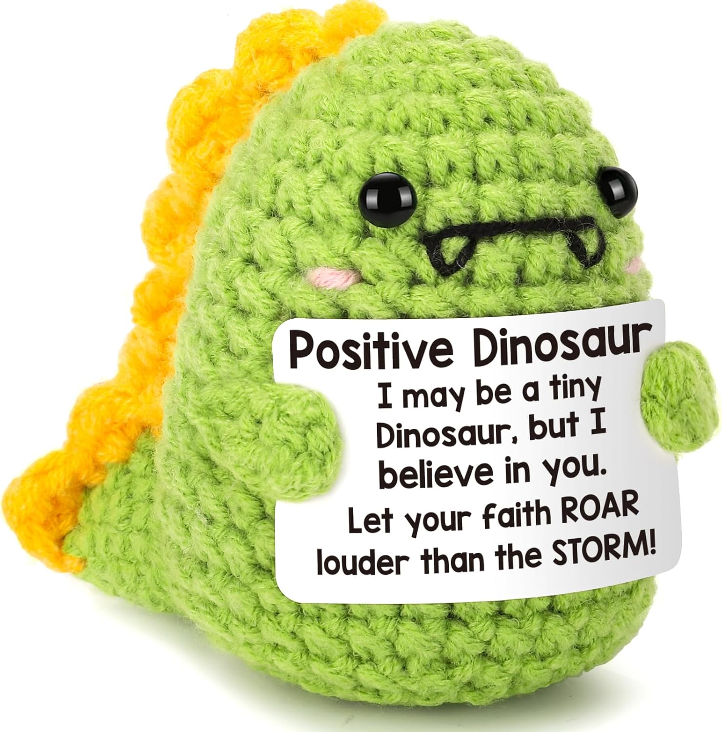 Cute mini handmade inspirational dinosaur plush! This little positive crochet dino is the perfect sweet gift for friends, family, colleagues and loved ones. Great as encouragement presents, birthday gifts and Christmas stocking stuffers for everyone.