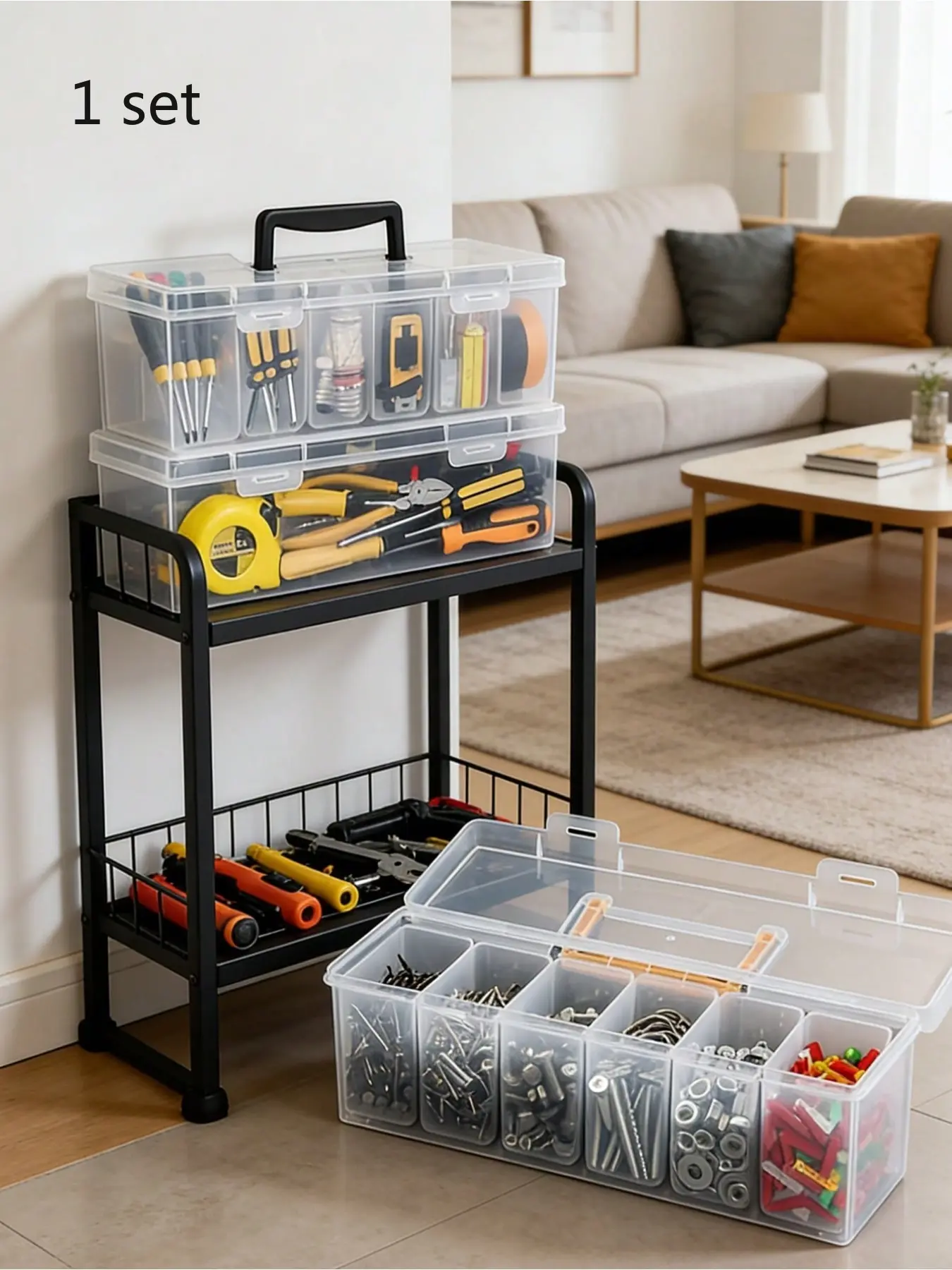 7-Piece Storage Box Set: 6 Small Boxes + 1 Large Box Transparent multi-compartment organizer for screws, nuts, bolts, wrenches and small hardware accessories. Portable & sturdy for home, garage, workshop, toy storage and DIY projects.