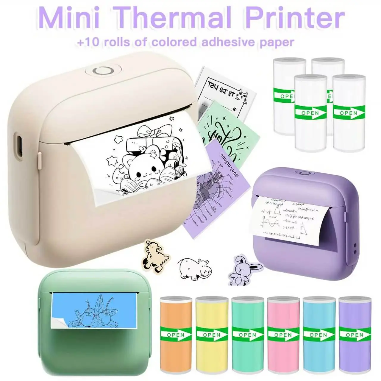 Portable wireless thermal printer, includes 10 rolls of self-adhesive paper; wireless mini label printer compatible with iOS and Android; mini thermal printer for labels, images, and notes.