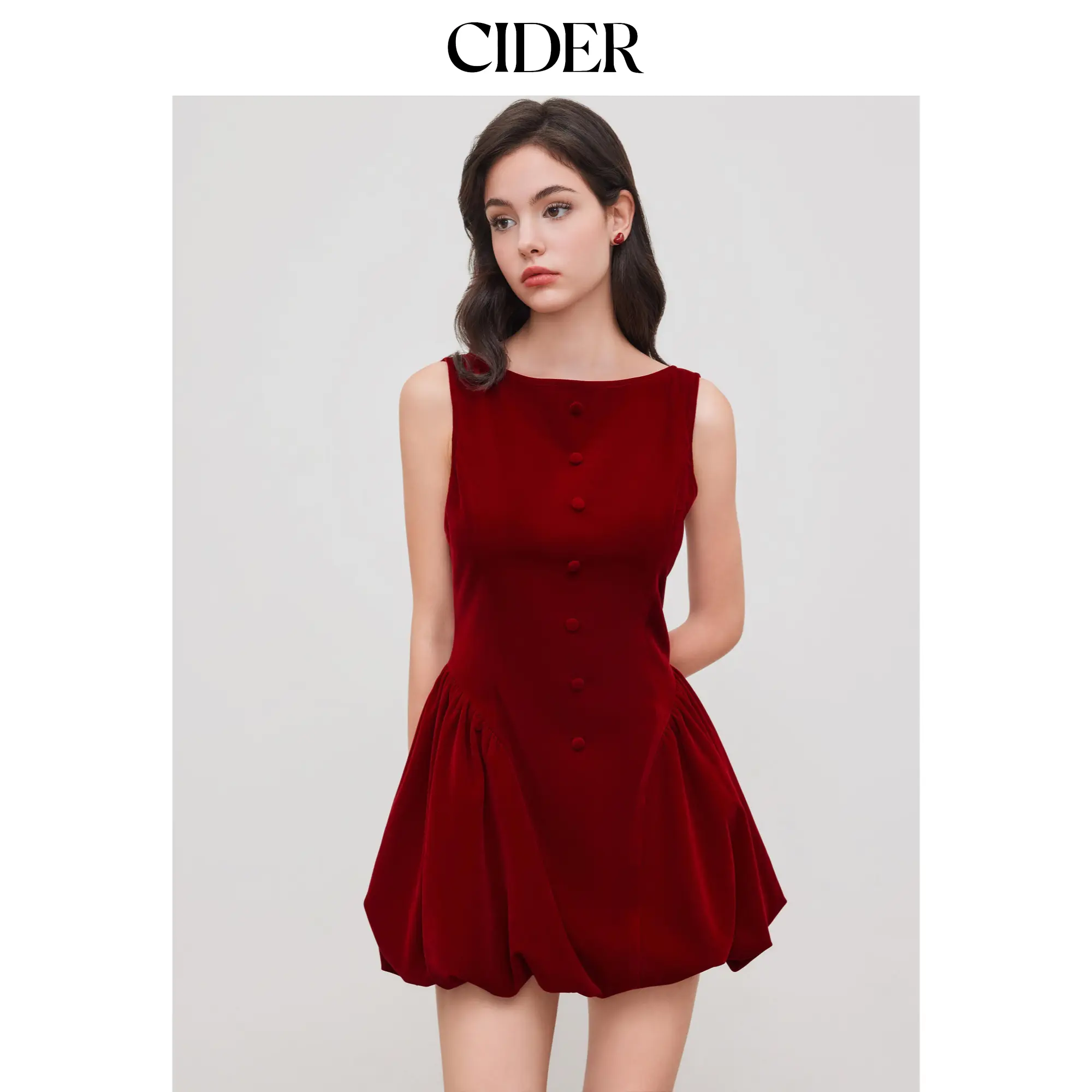 Cider Velvet Boat Neck Ruffle Bubble Hem Mini Dress