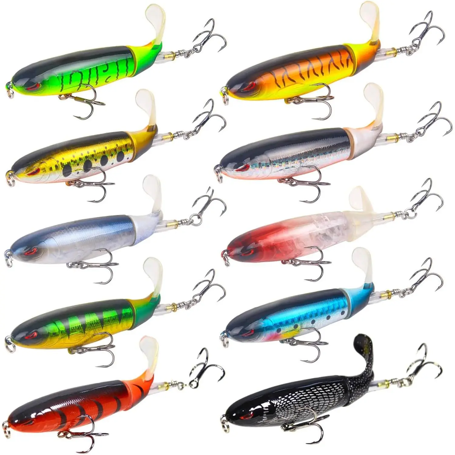 10Pcs Whopper Topwater Bass Fishing Lures Kit - Floating Popper with Rotating Tail, Barbed Treble Hooks, Beginner-Friendly for Saltwater/Freshwater, Ideal Fishing Gift