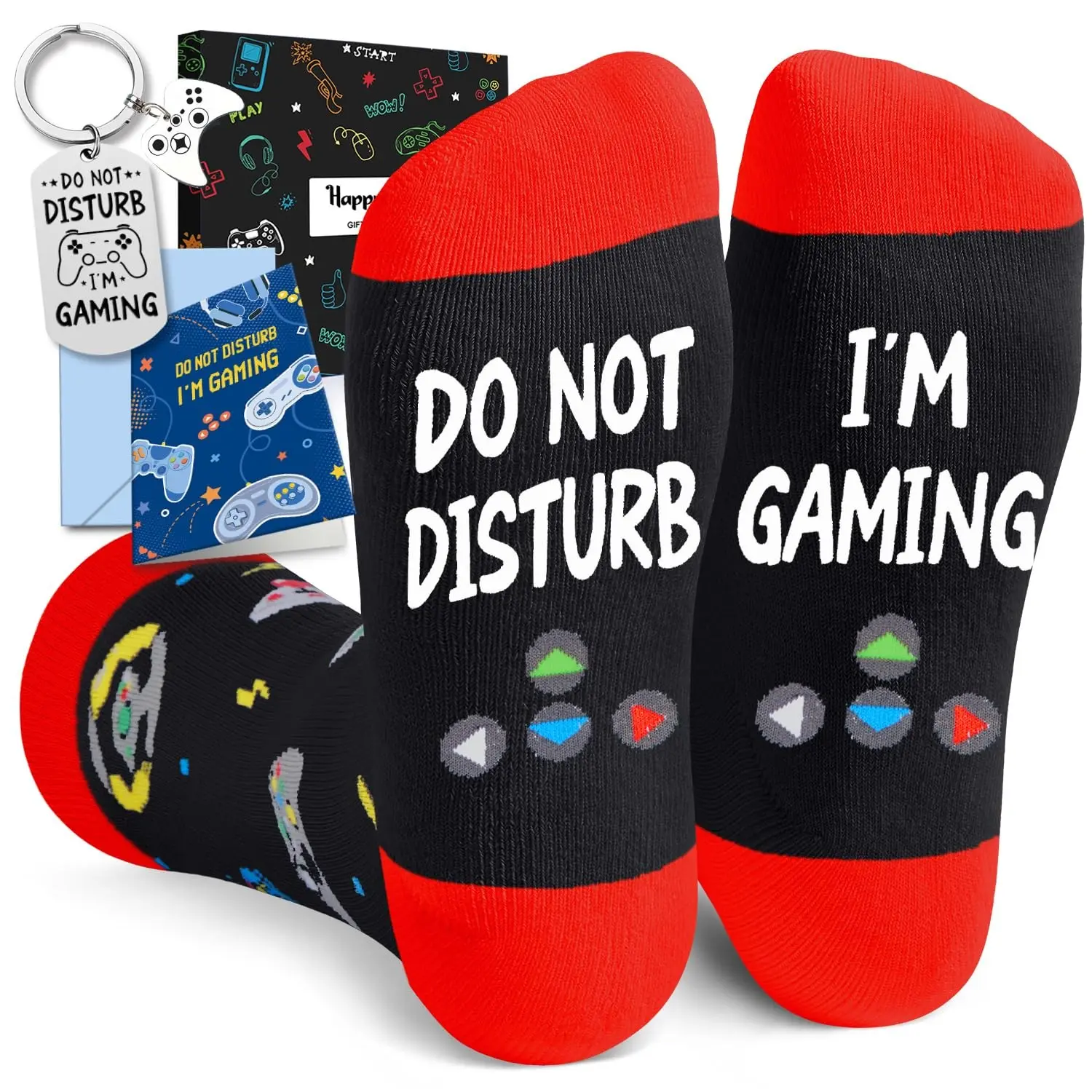 Gamer Teen Grils Women Boys Men - Novelty Socks For Male Female, Gaming Stocking Stuffers Video Game Presents with Greeting Card and Keychain