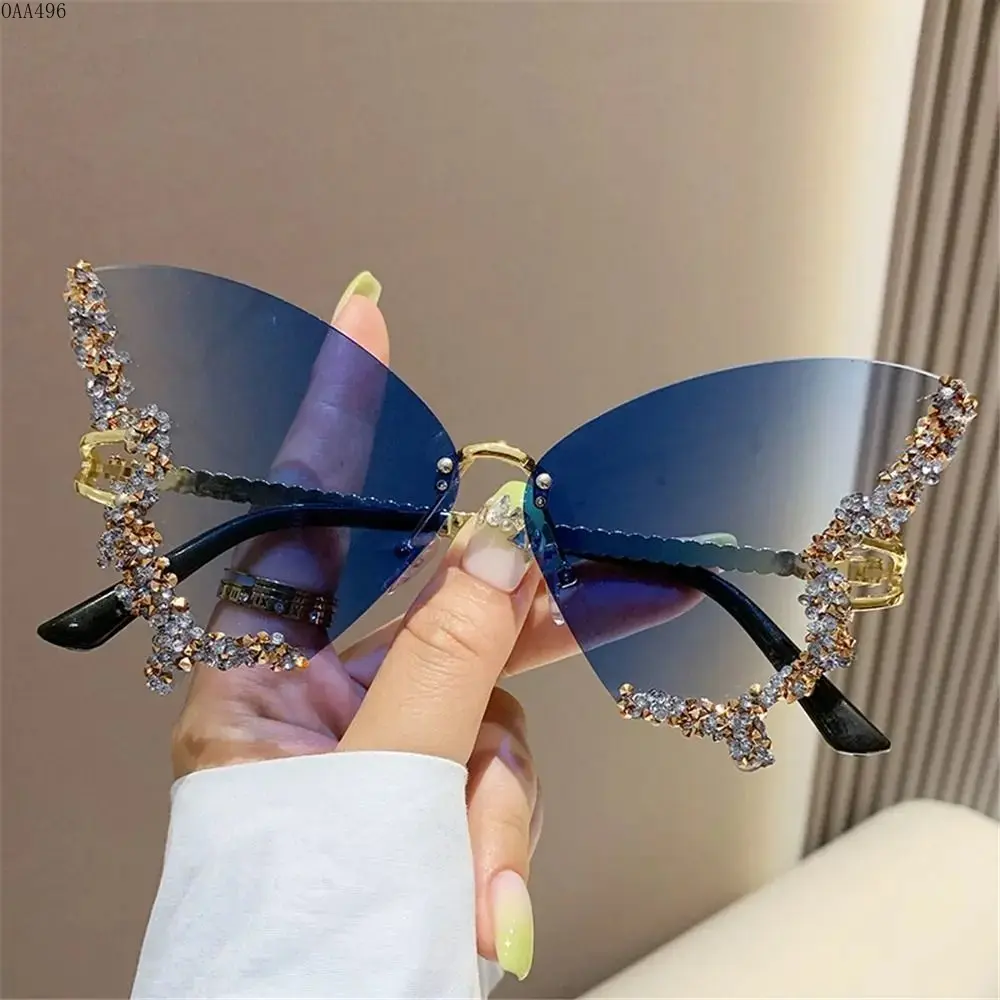 Oversized Butterfly Sunglasses for Women, Rimless Frame With Rhinestone Crystal Details and UV Protection Lens, Y2K Fashion Eyewear for Parties, Festivals and Street Style