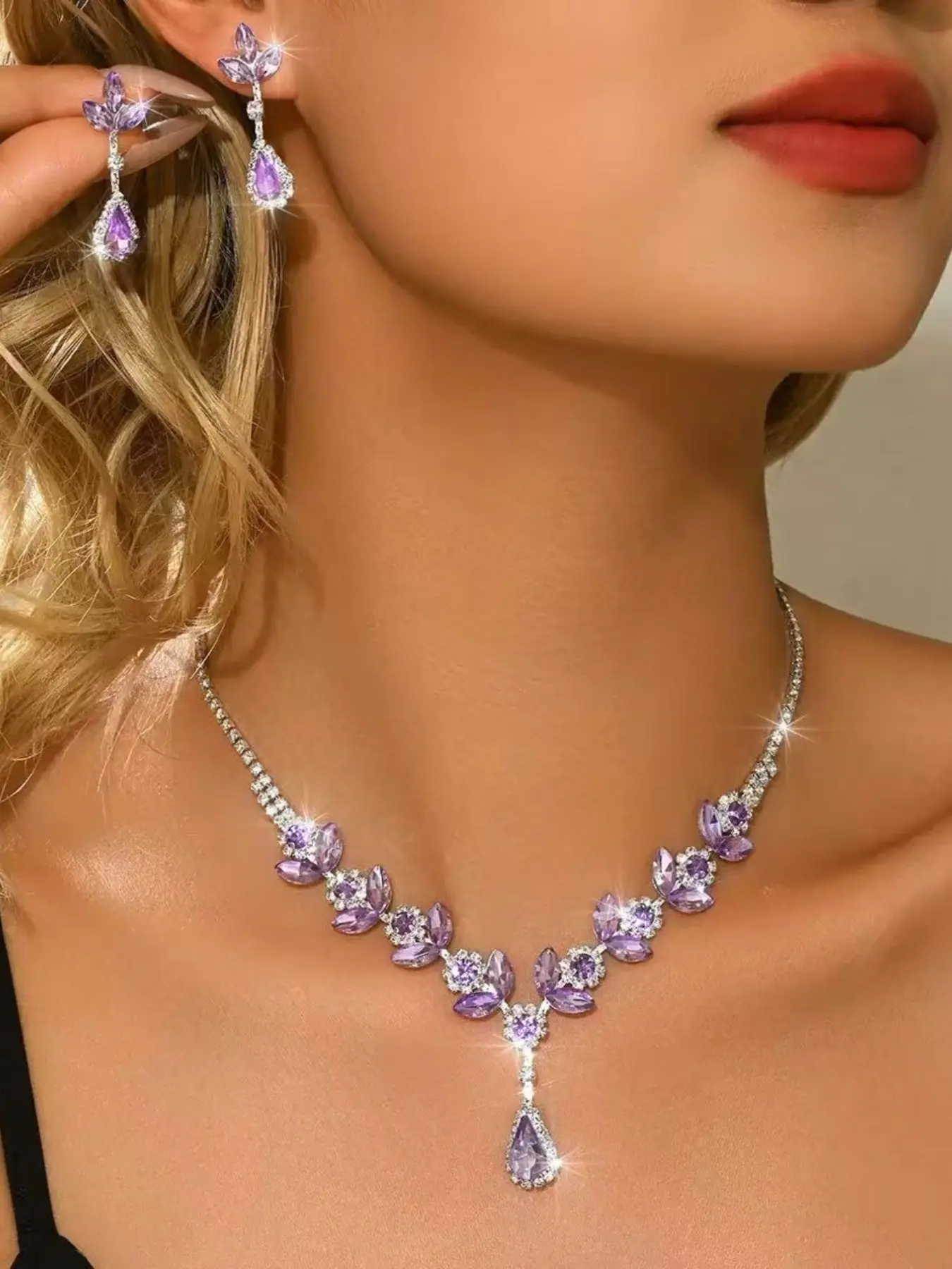 Bridal Wedding Rhinestone Jewelry Set, Floral Leaf Teardrop Necklace Earrings, V-Neck Long Drop Earrings Evening Party Set