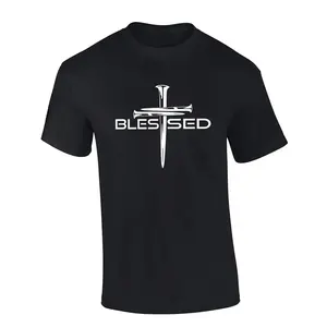 Mens Christian Shirt Nail Cross Blessed Short Sleeve T-shirt Graphic Tee