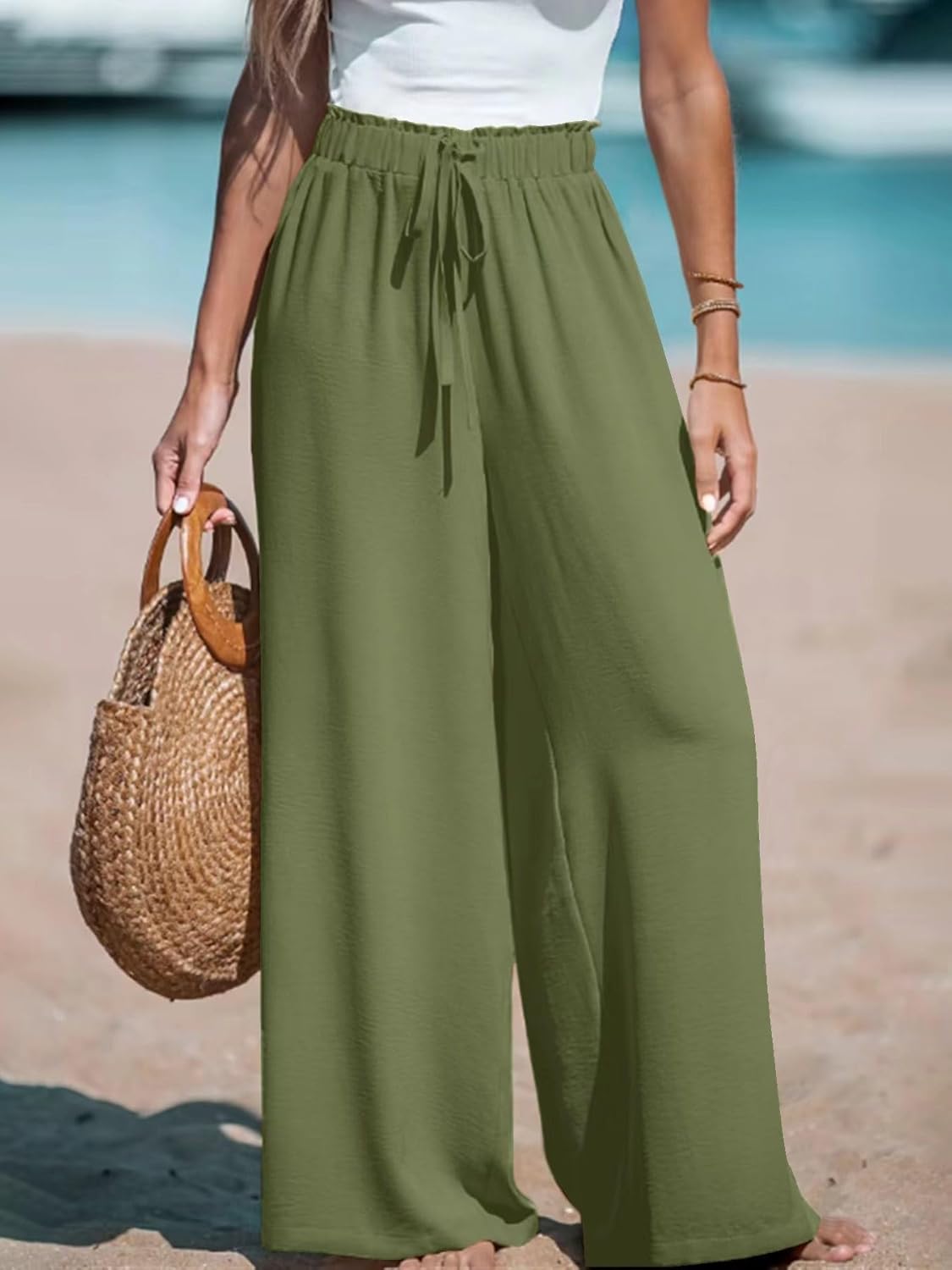 Womens Wide Leg Pants High Waisted Trousers Linen Palazzo Loose Fit Lounge Beach Flowy Pants