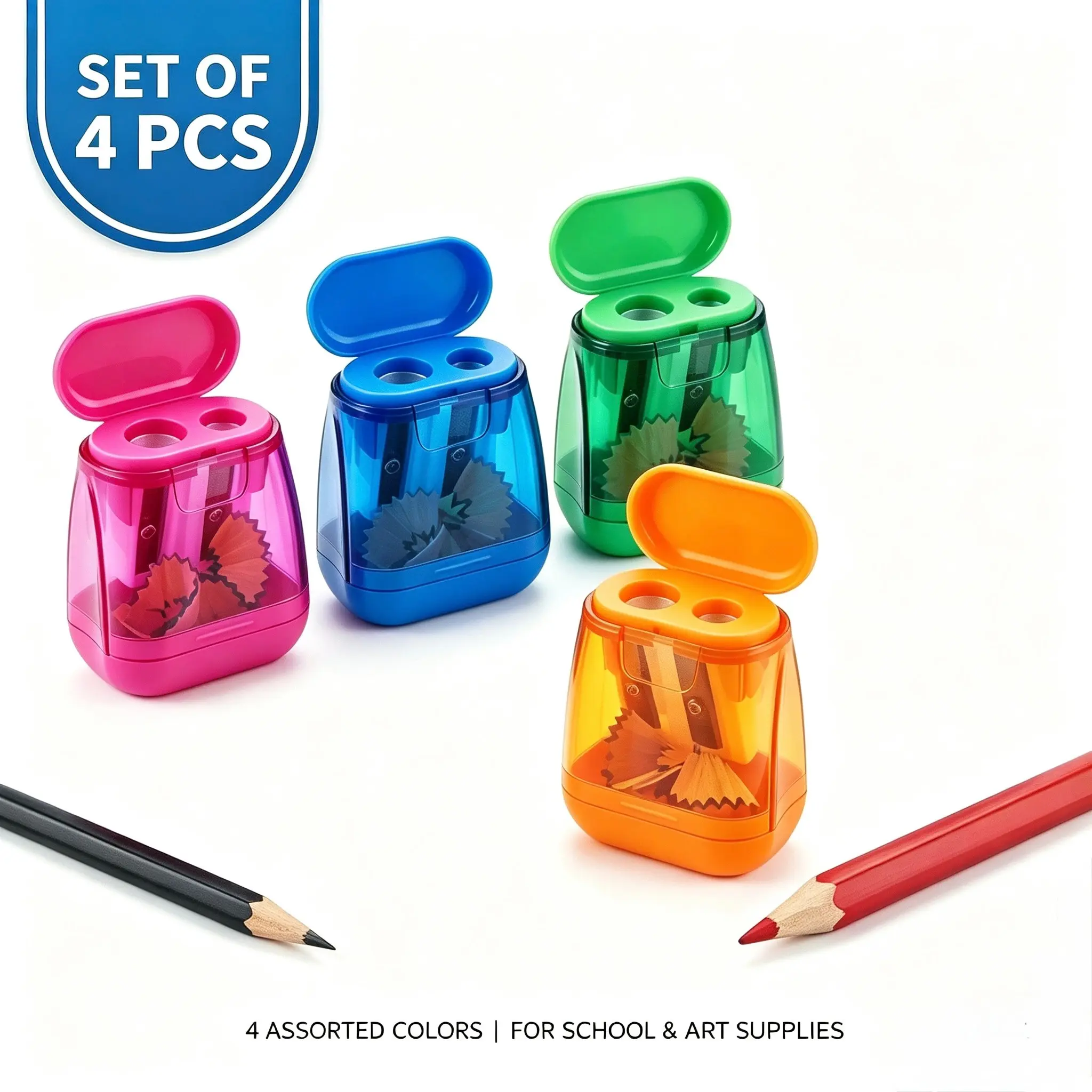 4pcs Dual-Hole Pencil Sharpener Set with Storage Box, Manual Pencil Sharpener, Portable, for School, Art Supplies, Standard and Large Pencils