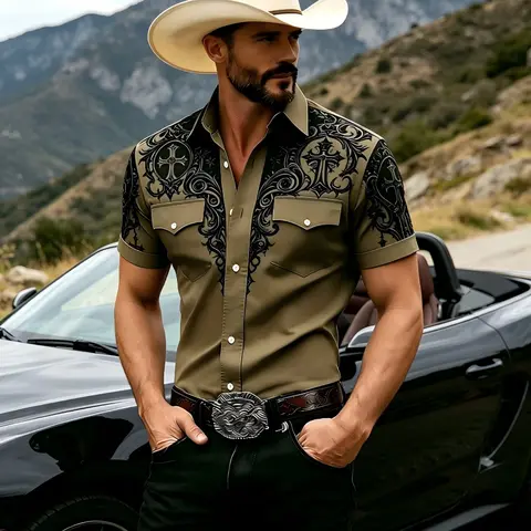 Men's Western Style Classic Graphic Short Sleeve Blouse, Casual Slim-Fitting Denim Shirt, Outdoor Fashion Top, Trendy Men's Clothing