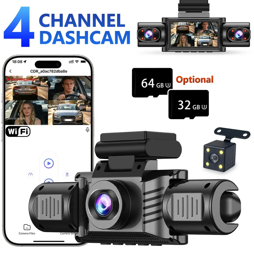 Dash Cam 360° 4 Channel Dash Camera, Front Rear Left Right Inside Recording for Cars, WiFi Night Vision WDR Supports 24-hour parking monitoring with 64GB Card