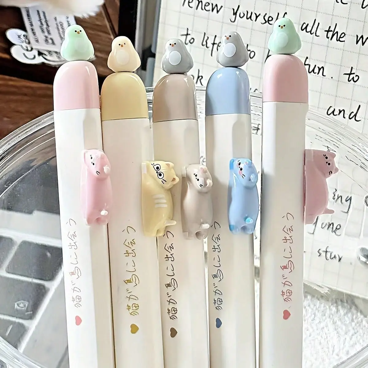 4-Pack Dopamine Cat Head Ballpoint Pens, Creative Magnetic Bird Pattern 0.5mm Fine Tip Replaceable Ink, Ideal Office & Study Supplies