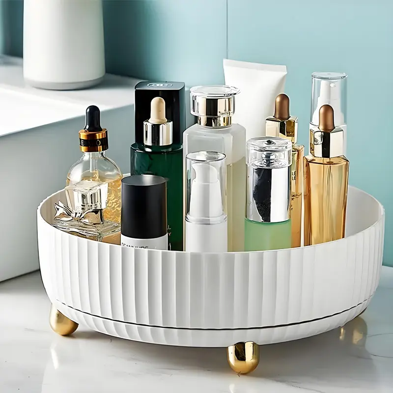 One-piece cream-white rotating makeup storage box, 360° rotating large-capacity storage tray, suitable for cosmetics, lotions, perfumes, circular display stand, suitable for bathroom countertop decoration, ideal for gift storage