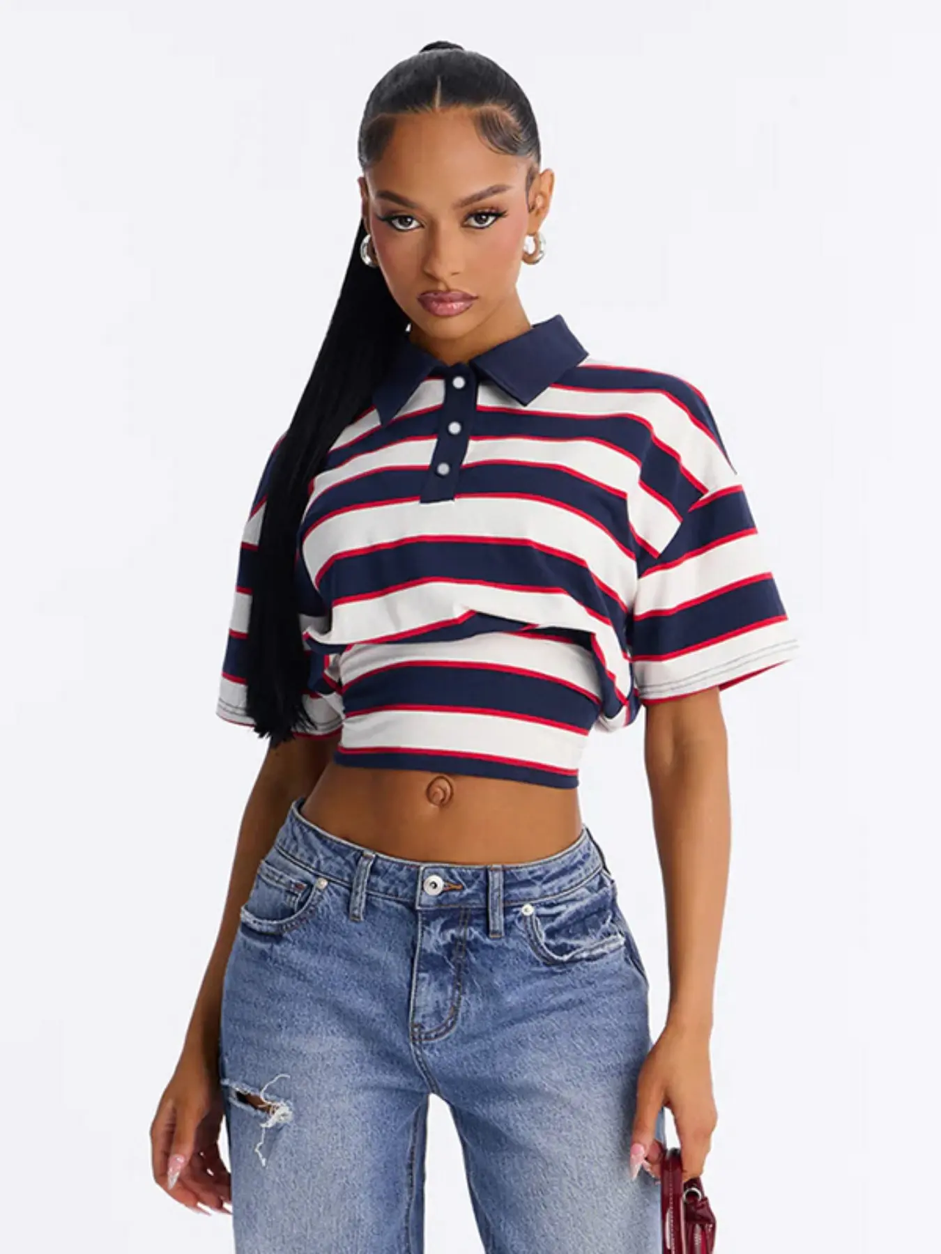 Women's Cropped Striped Polo Shirt, Short Sleeve Top with Cinched Waist, Nautical Stripes Slim Fit Summer Crop Top for Casual Daily Wear