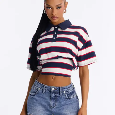 Women's Cropped Striped Polo Shirt, Short Sleeve Top with Cinched Waist, Nautical Stripes Slim Fit Summer Crop Top for Casual Daily Wear
