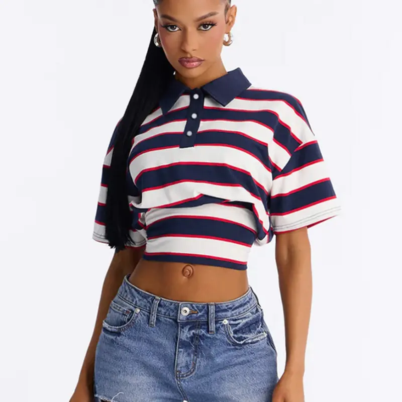 Women's Cropped Striped Polo Shirt, Short Sleeve Top with Cinched Waist, Nautical Stripes Slim Fit Summer Crop Top for Casual Daily Wear