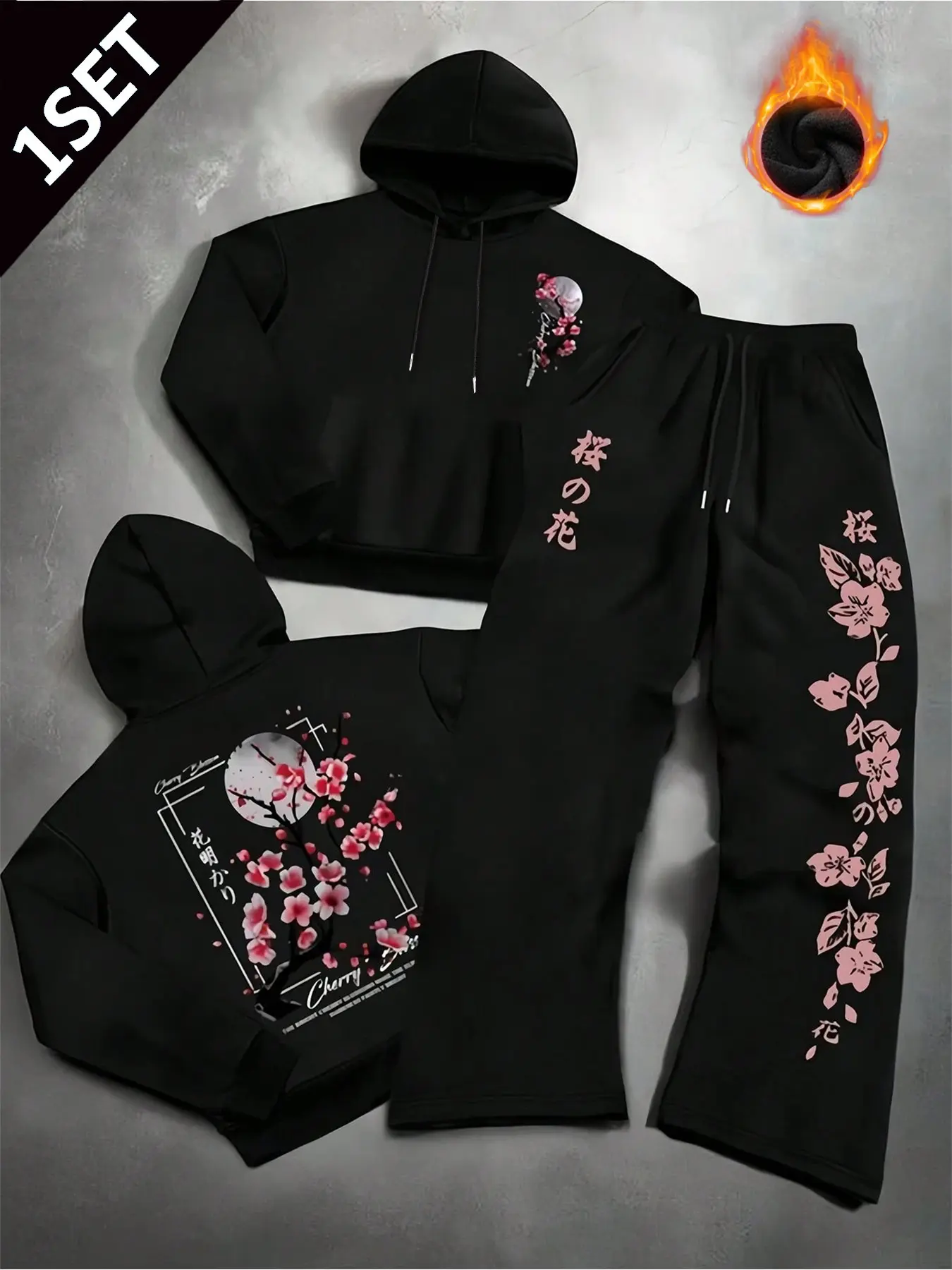 Y2K Men's Japanese Cherry Blossom Print Hoodie and Pants Set, Casual Street Style, Windproof Warm, Fall Winter, Unisex