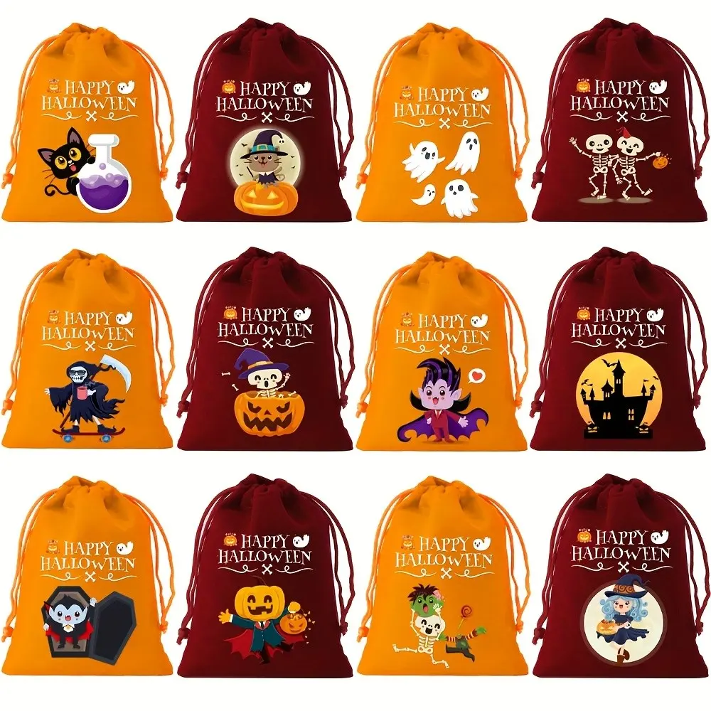 12pcs/24pcs Halloween Drawstring Bags, Wine & Earthy Patterns, Halloween Party Gift Bags, Party Favor Bags, Birthday Party Decorations, Goodie Bags