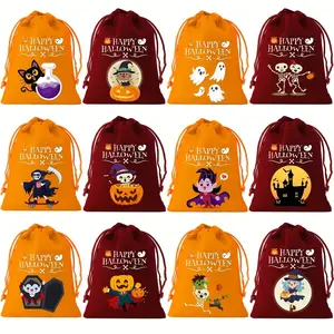 12pcs/24pcs Halloween Drawstring Bags, Wine & Earthy Patterns, Halloween Party Gift Bags, Birthday Party Decorations