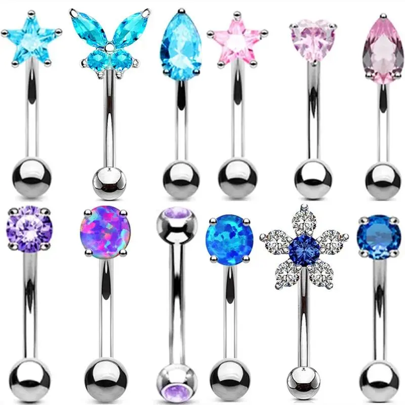 3PCS Temporary Heart Eyebrow Jewelry Set - 1.2*8mm Rhinestone Style Crystal Curved Barbell, Mini Barbell, Flower Rook Daith Earring, CZ Star Ring Piercing Jewelry Bulk Pack, Temporary Eyebrow Jewelry