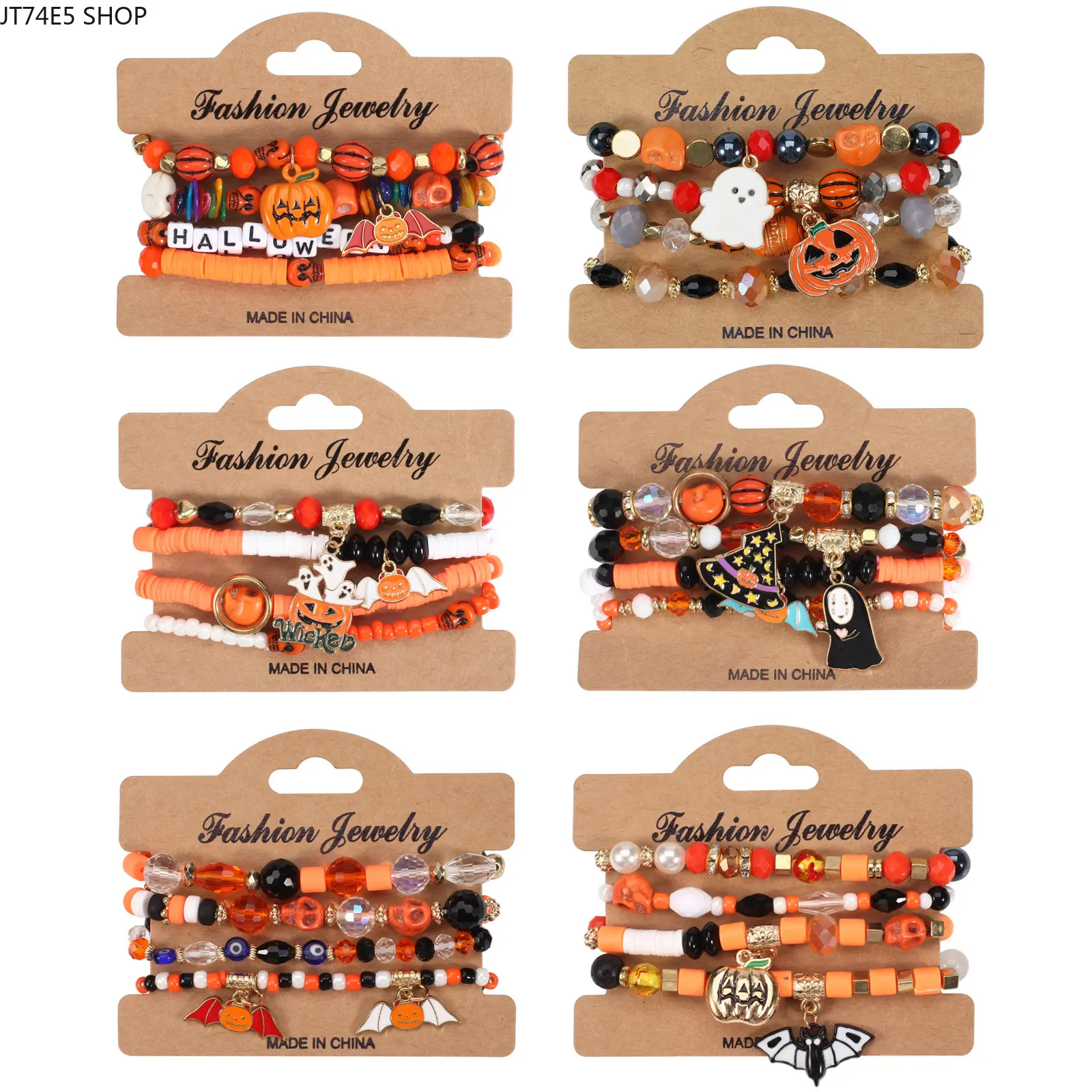 Halloween Beaded Bracelet with Ghost, Pumpkin & Skeleton Charms, Holiday Party Accessory