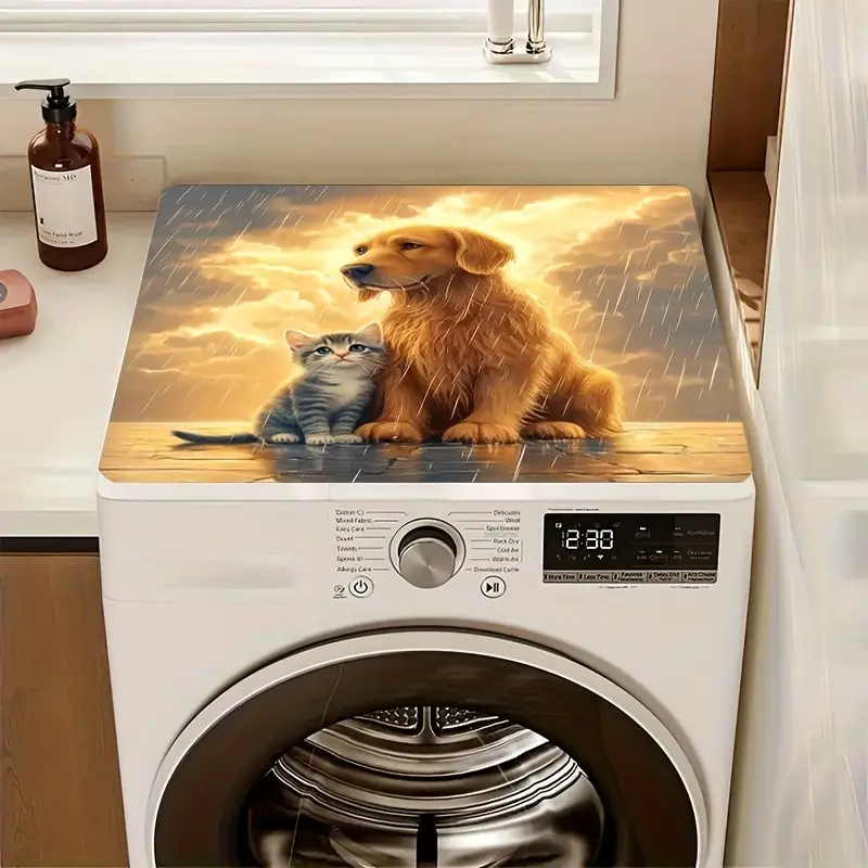 Washing Machine Top Protector Mat with Dog & Cat Pattern - Durable Polyester Absorbent Dust Cover, Dish Drying Mat, Faucet & Cup Pad for Kitchen & Bathroom Accessories, Appliance Surface Guard, Washing Machine Cover Mat