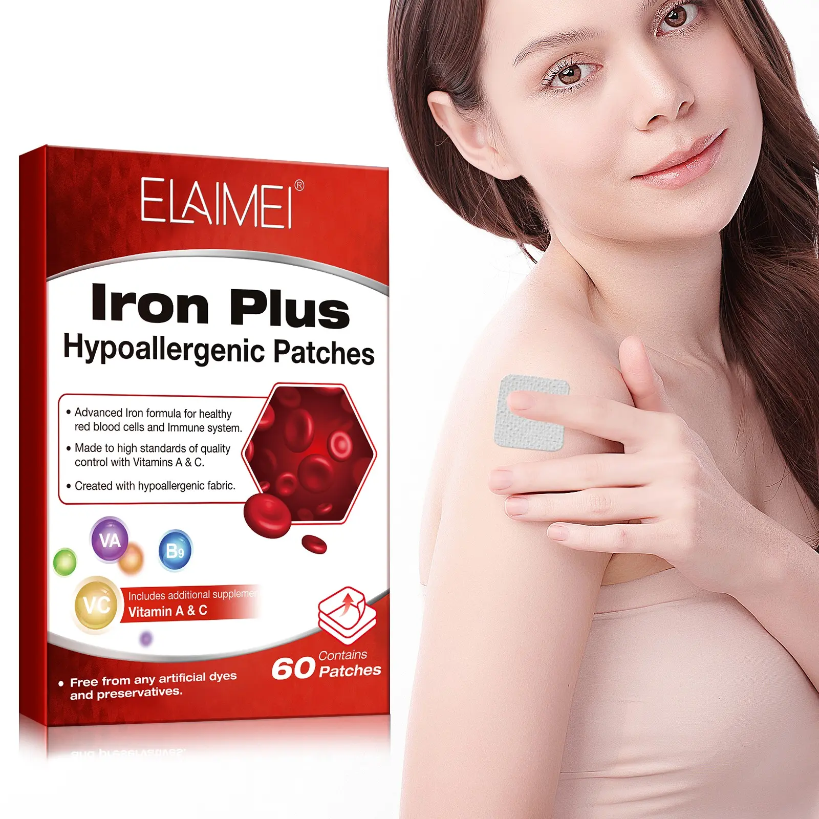 ELAIMEI Iron Supplement Hypoallergenic Patches (60 patches): Improve blood circulation, say goodbye to a sallow complexion, and enjoy a portable iron vitamin supplement. Perfect for daily use on the go—easy to carry when traveling or on business trips.