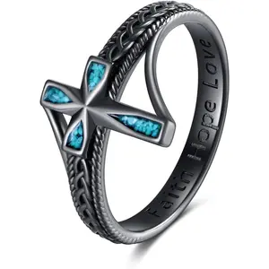 Cross Ring 925 Sterling Silver Turquoise Celtic Cross Rings Faith Ring Religious Christian Jewelry Gifts for Men Women-Size 8