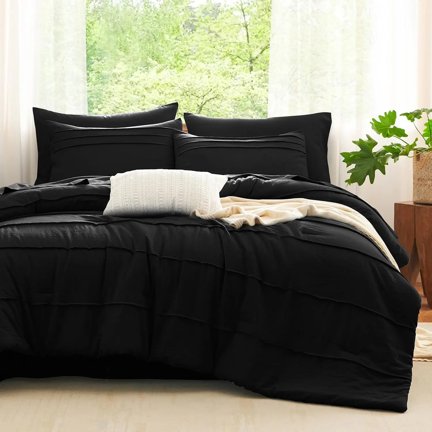 Queen Comforter Set Black, 7 Pieces Soft Pleat Bed in a Bag Queen Comforter Set with Sheets, Boho Bed Set with Down Alternative Comforter, Sheets, Pillowcases & Shams