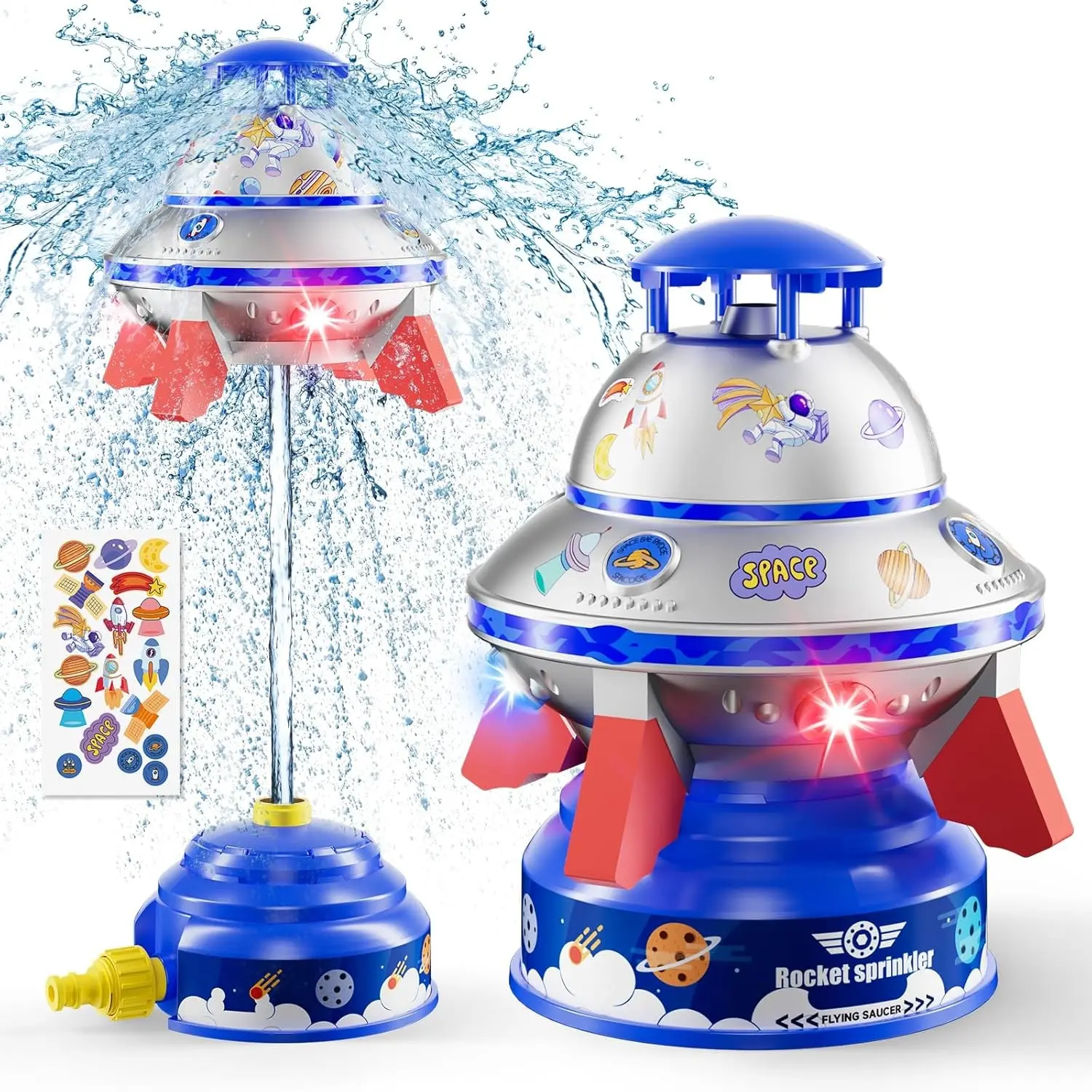 UFO Water Sprinkler for Kids, Water Rocket Toy Outdoor Summer Play W/Light & Spin, Adjustable Height Water Launcher, DIY Space Sticker, Backyard Lawn Summer Water Toy Gift for Boys Girls Ages 3-12