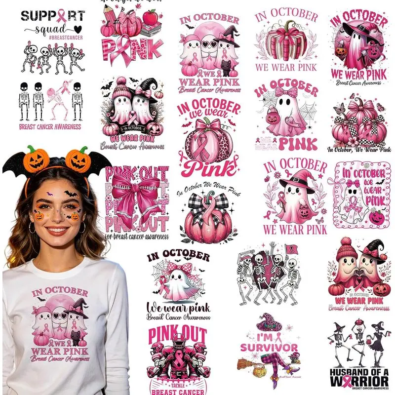 DTF Transfers Ready to Press - 20 Sheets Breast Cancer Awareness Iron on Patches Pink Ribbon Items Heat Stickers Ghost Vinyl Decals for T Shirts Clothes Pillow Bag Hat DIY Crafts Decorations