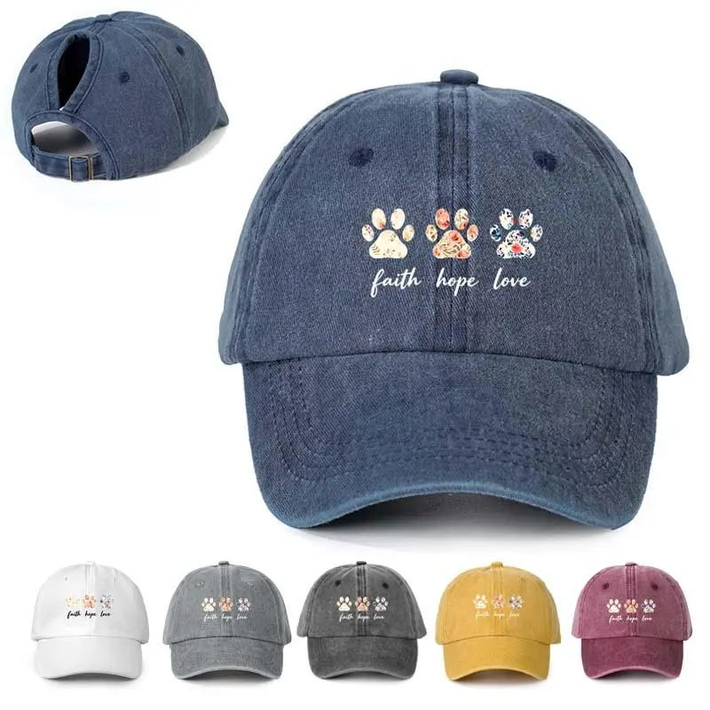 Unisex Distressed Ponytail Cap with Faith Hope Love Paw Print, Cute Outdoor Wear Messy Bun Sun Hat for Pet Moms, Hair Bonnet, Fitted